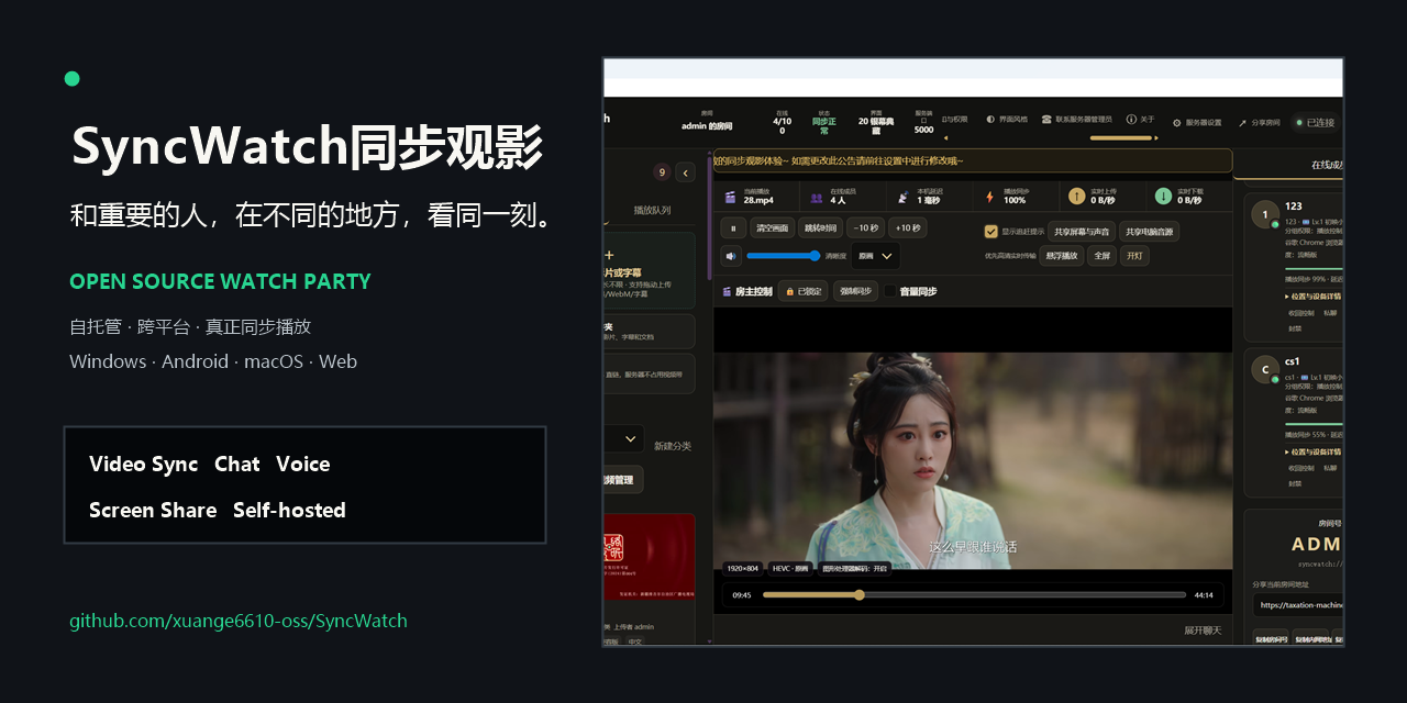 SyncWatch同步观影项目封面，展示产品定位与真实播放界面